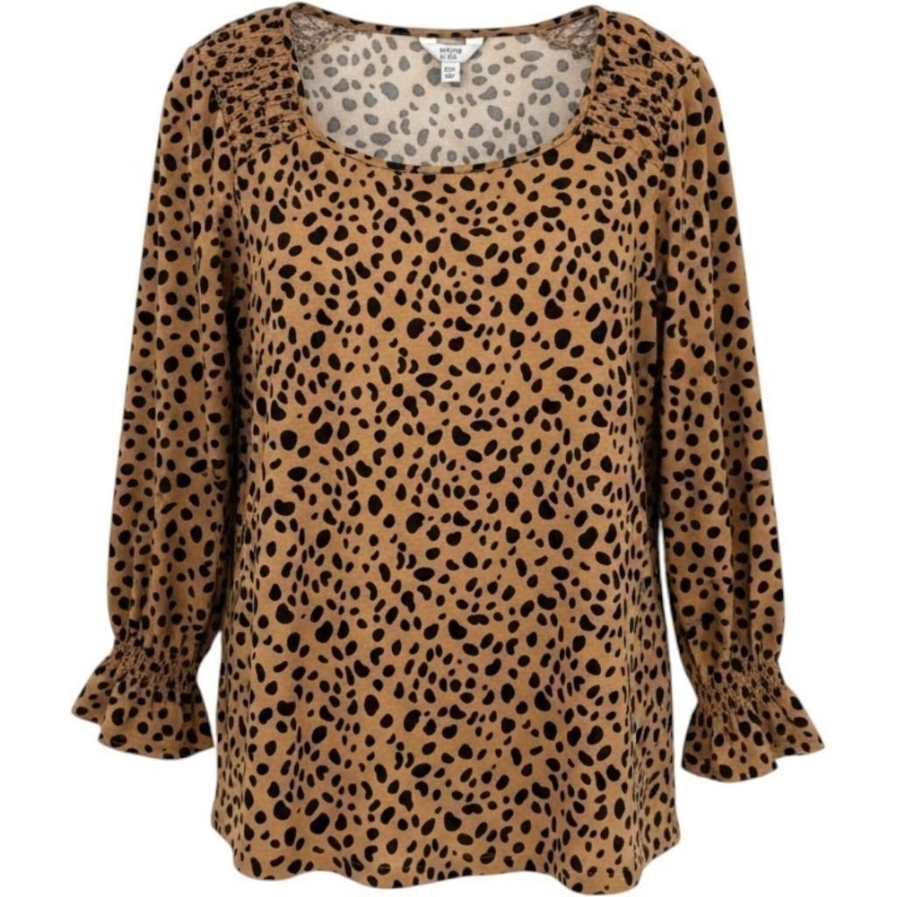 Crown & Ivy Animal Print Blouse Womens XXL Tan Smocked Ruffle Career Casual Chic